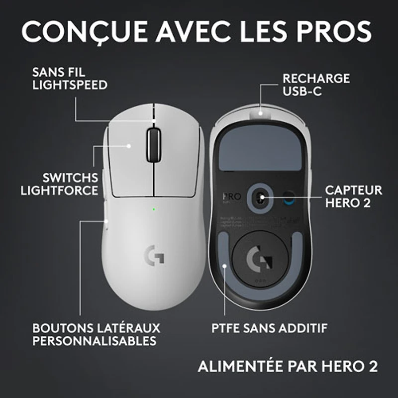 Souris de jeu sans fil compacte 44 000 ppp PRO X Superlight 2 à capteur HERO 2 de Logitech G - Blanc