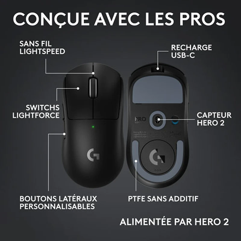 Souris de jeu sans fil compacte 44 000 ppp PRO X Superlight 2 à capteur HERO 2 de Logitech G - Noir