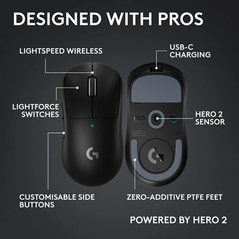 Souris de jeu sans fil compacte 44 000 ppp PRO X Superlight 2 à capteur HERO 2 de Logitech G - Noir