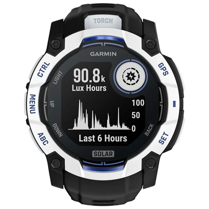 Garmin Instinct 3 Solar 50mm Bluetooth Multisport Smartwatch - White/Black/Bolt Blue Silicone Band