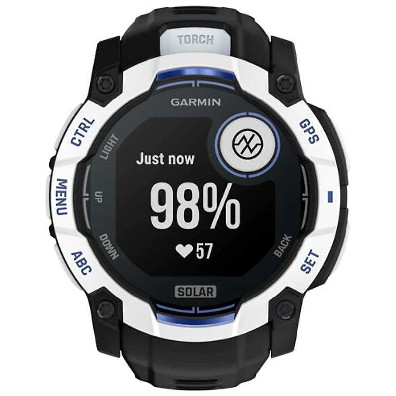 Montre intelligente multisport Bluetooth 50 mm Instinct 3 Solar de Garmin - Blanc/Noir/Bracelet en silicone bleu électrique