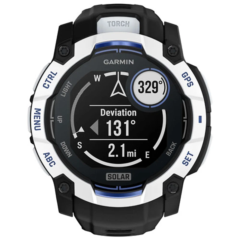 Garmin Instinct 3 Solar 50mm Bluetooth Multisport Smartwatch - White/Black/Bolt Blue Silicone Band