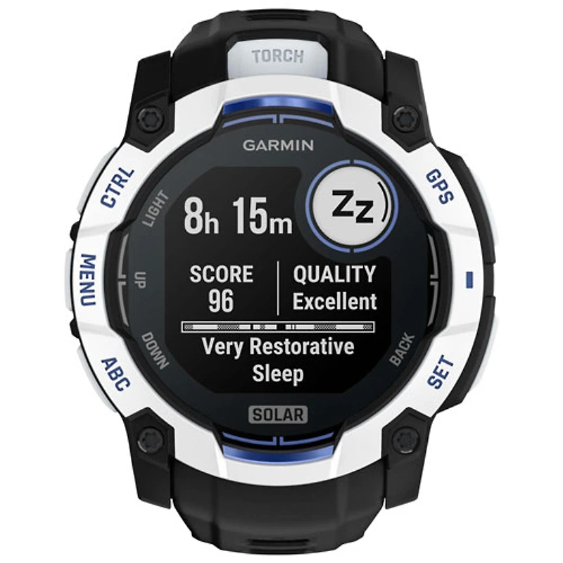 Garmin Instinct 3 Solar 50mm Bluetooth Multisport Smartwatch - White/Black/Bolt Blue Silicone Band