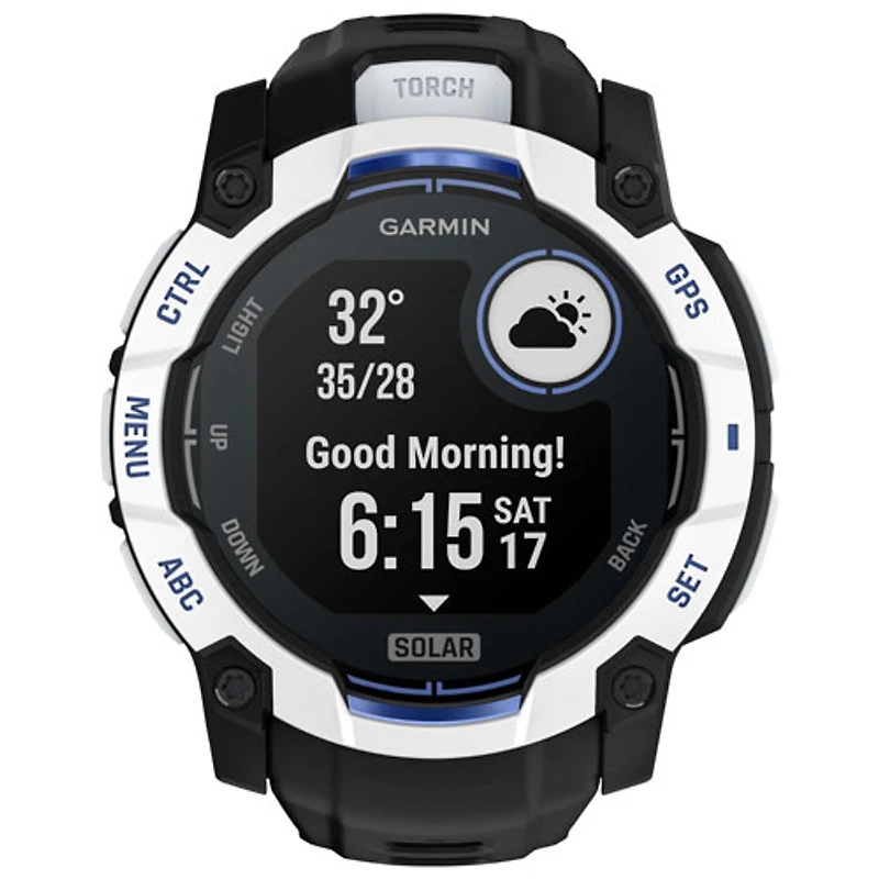 Montre intelligente multisport Bluetooth 50 mm Instinct 3 Solar de Garmin - Blanc/Noir/Bracelet en silicone bleu électrique