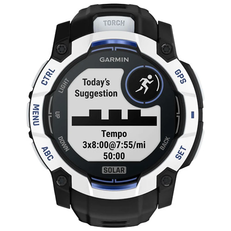 Garmin Instinct 3 Solar 50mm Bluetooth Multisport Smartwatch - White/Black/Bolt Blue Silicone Band