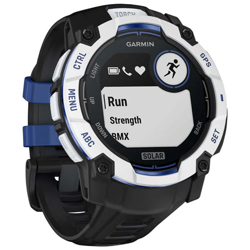 Garmin Instinct 3 Solar 50mm Bluetooth Multisport Smartwatch - White/Black/Bolt Blue Silicone Band