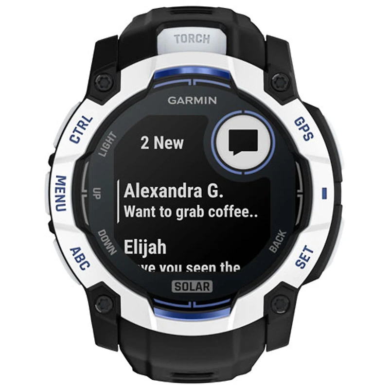 Garmin Instinct 3 Solar 50mm Bluetooth Multisport Smartwatch - White/Black/Bolt Blue Silicone Band