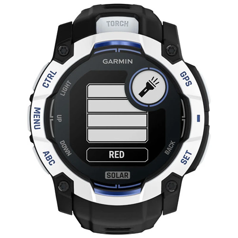 Garmin Instinct 3 Solar 50mm Bluetooth Multisport Smartwatch - White/Black/Bolt Blue Silicone Band