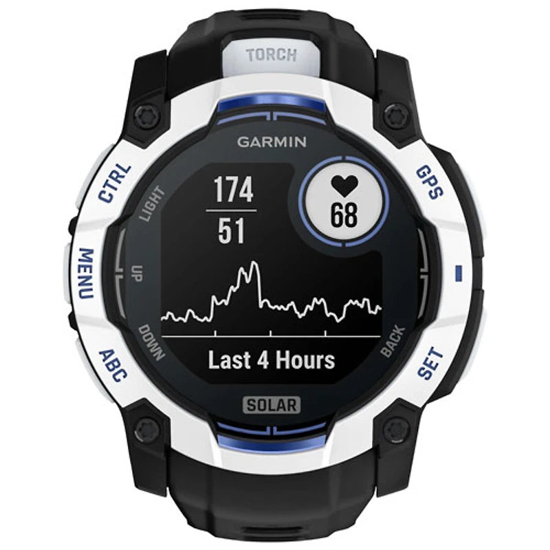 Garmin Instinct 3 Solar 50mm Bluetooth Multisport Smartwatch - White/Black/Bolt Blue Silicone Band