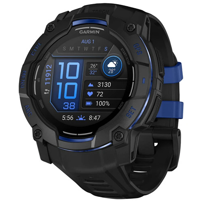 Montre intelligente multisport AMOLED Instinct 3 de 50 mm de Garmin - Noir/Bracelet silicone bleu électrique