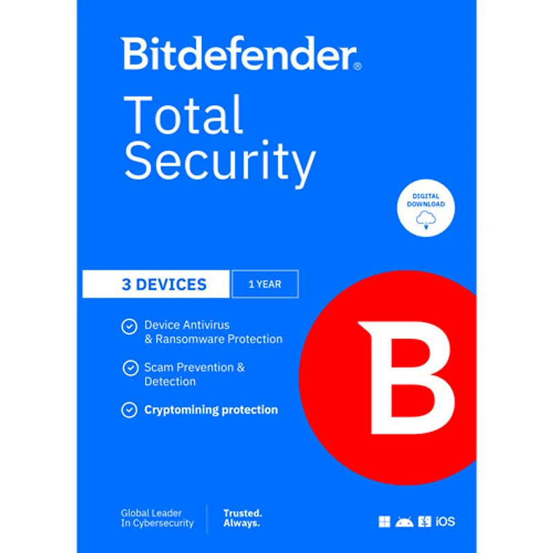Bitdefender Total Security (PC/Mac/iOS/Android) - 3 Device - 1 User - 1 Year - Digital Download
