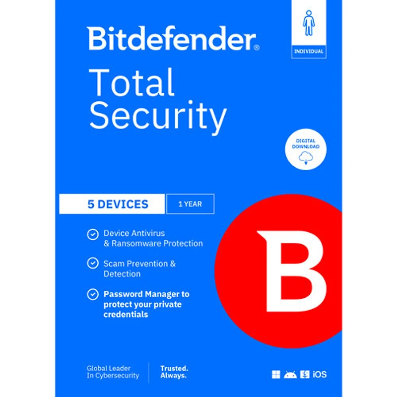Bitdefender Total Security Indivudual (PC/Mac/iOS/Android) - 5 Device - 1 User - 1 Year - Digital Download