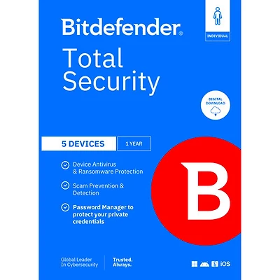 Bitdefender Total Security Indivudual (PC/Mac/iOS/Android) - 5 Device - 1 User - 1 Year - Digital Download