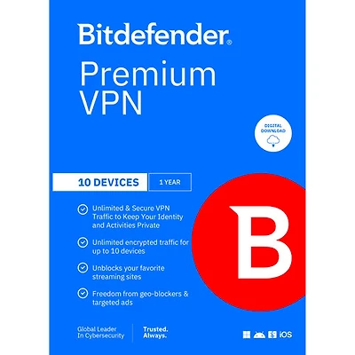 Bitdefender Premium VPN (PC/Mac/iOS/Android) - 10 appareils - 1 utilisateur - 1 an - Téléchargement numérique