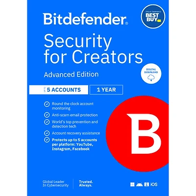 Bitdefender Security for Creators Advanced Edition (PC/Mac/iOS/Android) - 5 comptes - 3 utilisateurs - 1 an - Téléchargement numérique - Exclusivité Best Buy