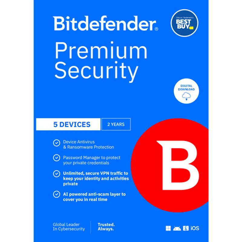 Bitdefender Premium Security Individual (PC/Mac/iOS/Android) - 5 Device - 1 User - 2 Year - Digital Download - Only at Best Buy