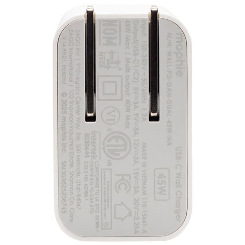 Mophie 45W Duo USB-C GaN Power Adapter - Black