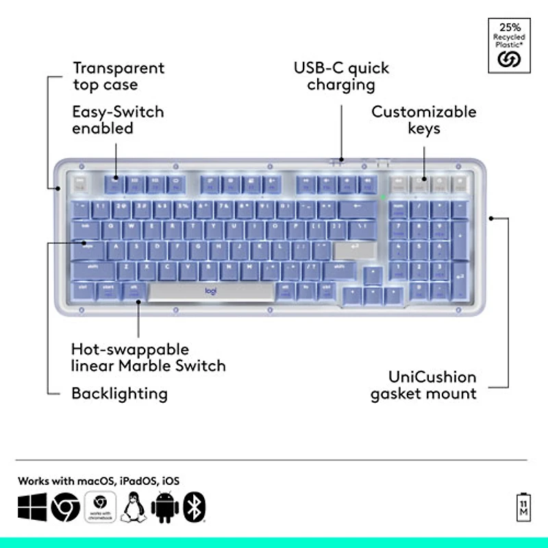 Clavier pleine grandeur à touches mécaniques rétroéclairées Bluetooth Alto Keys K98M de Logitech - Lilas - Anglais