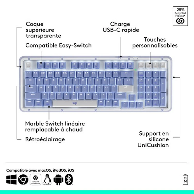 Logitech Alto Keys K98M Bluetooth Backlit Mechanical Full-Size Keyboard - Lilac - English