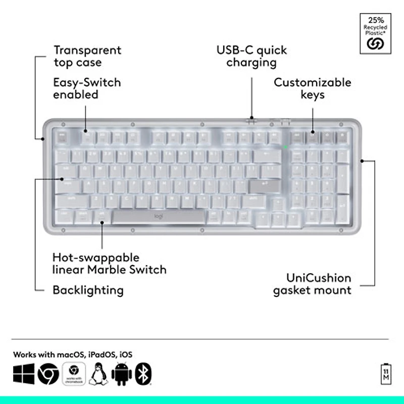 Logitech Alto Keys K98M Bluetooth Backlit Mechanical Full-Size Keyboard - Off-White - English