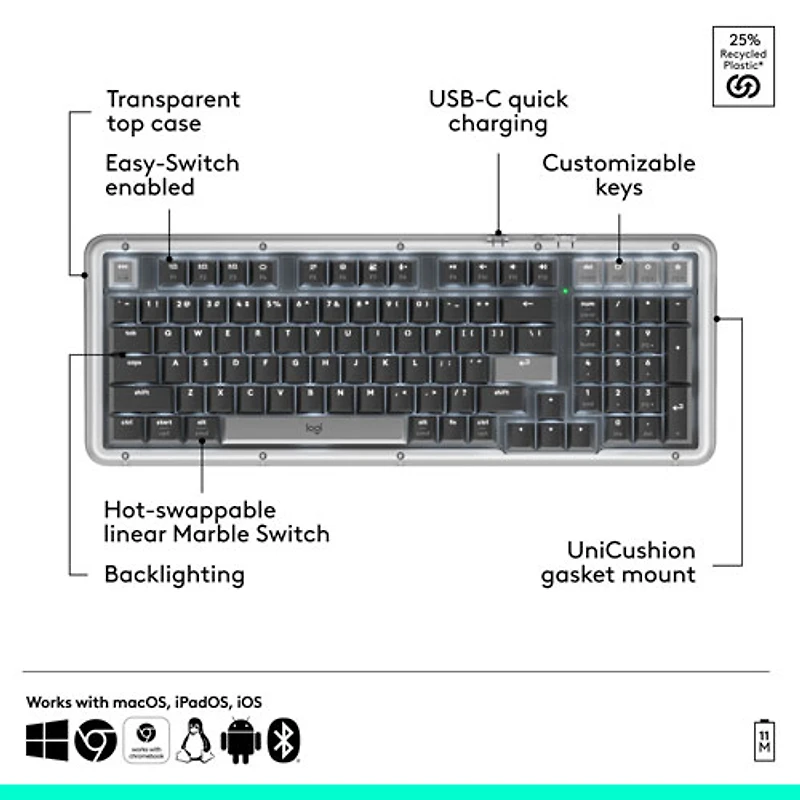 Clavier pleine grandeur à touches mécaniques rétroéclairées Bluetooth Alto Keys K98M de Logitech - Graphite - Anglais