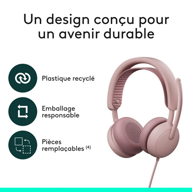 Casque d'écoute avec fil à suppression active du bruit Zone 2 de Logitech pour PC - Rose