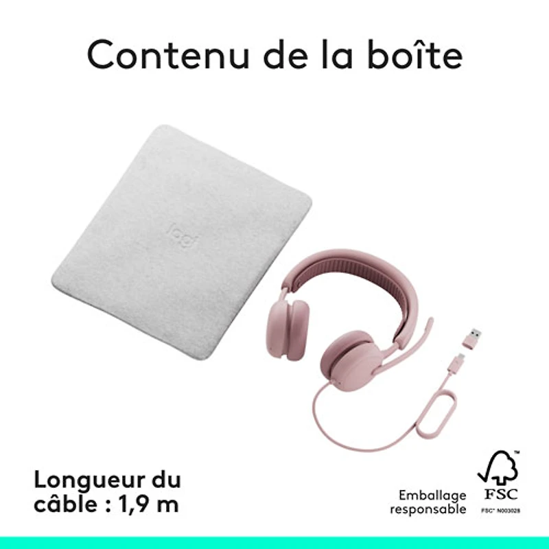 Casque d'écoute avec fil à suppression active du bruit Zone 2 de Logitech pour PC - Rose