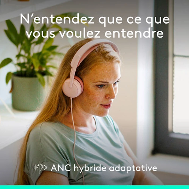 Casque d'écoute avec fil à suppression active du bruit Zone 2 de Logitech pour PC - Rose