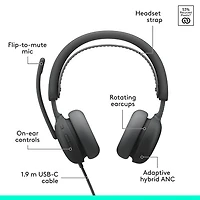Logitech Zone 2 ANC Wired On-Ear Noise Cancelling Headphones - Graphite