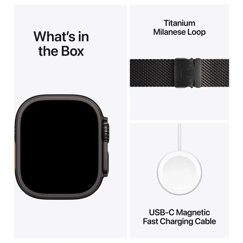 Apple Watch Ultra 3 (GPS + Cellulaire) avec boîtier de 49 mm en titane noir et bracelet milanais en titane noir par Rogers - Moyen - Financement mensuel