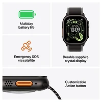 Apple Watch Ultra 3 (GPS + Cellulaire) avec boîtier de 49 mm en titane noir et bracelet sentier noir/charbon avec Bell - Moyen/Grand - Financement mensuel