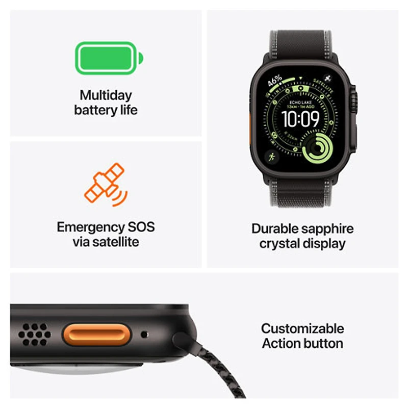 TELUS Apple Watch Ultra 3 (GPS + Cellular) 49mm Black Titanium Case with Black/Charcoal Trail Loop - Medium