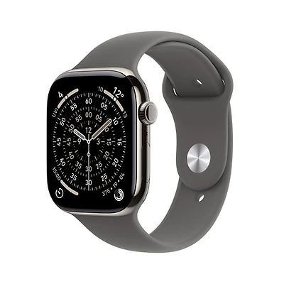 Apple Watch Series 11 (GPS + Cellulaire) avec boîtier de mm en titane naturel et bracelet sport gris pierre avec Rogers - Moyen/Grand