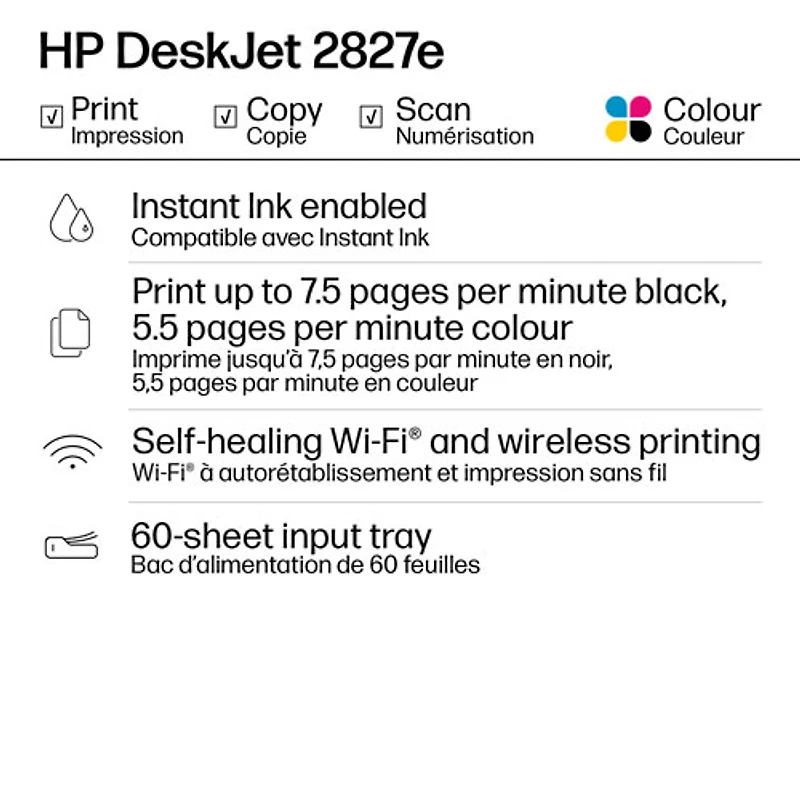 Imprimante à jet d'encre tout-en-un sans fil DeskJet 2827e de HP