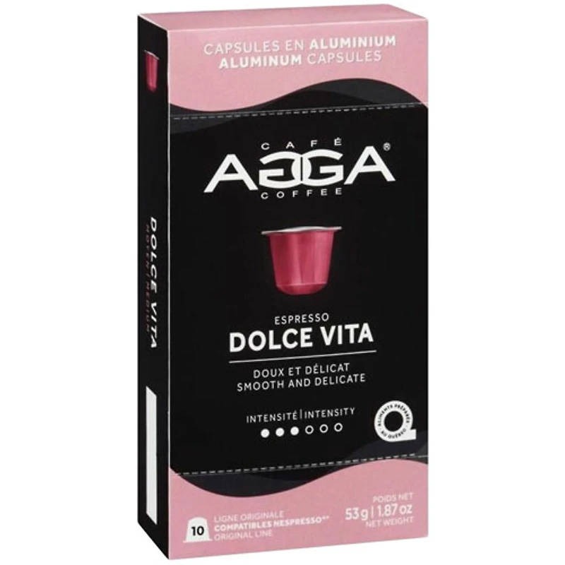 Capsules en aluminium de torréfaction légère à moyenne 1,87 oz Espresso Dolce Vita d'Agga - 10 capsules