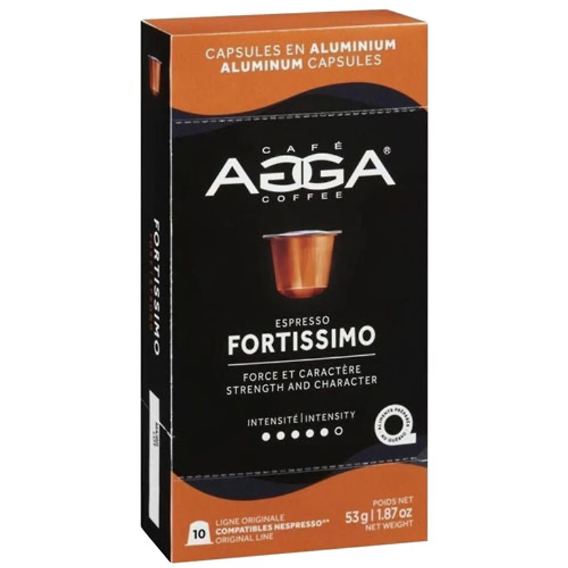 Capsules en aluminium Espresso Fortissimo 1,87 oz de torréfaction foncée d'Agga - 10 capsules