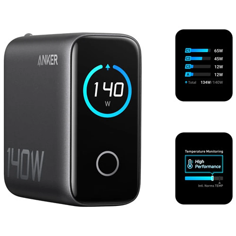 Chargeur mural USB-C GaN PD à 4 ports 140 W d'Anker avec câble USB-C - Gris foncé