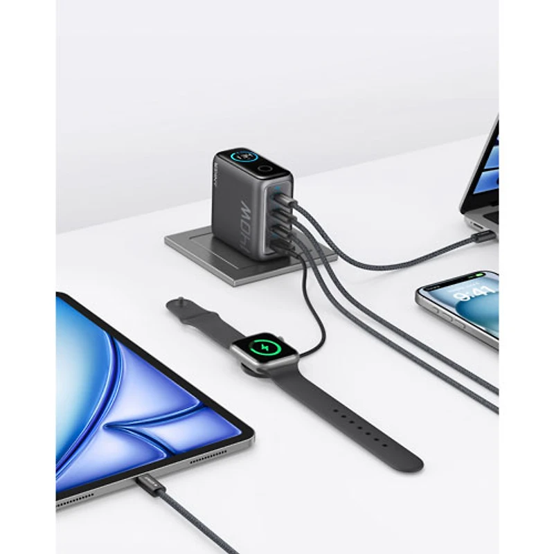 Chargeur mural USB-C GaN PD à 4 ports 140 W d'Anker avec câble USB-C - Gris foncé