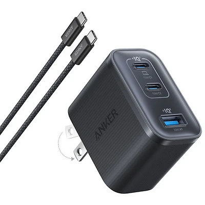 Chargeur mural USB-C à 3 ports 70 W Nano d'Anker avec câble USB-C - Gris foncé