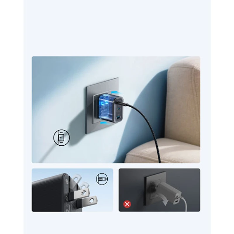 Chargeur mural USB-C à 3 ports 70 W Nano d'Anker avec câble USB-C - Gris foncé