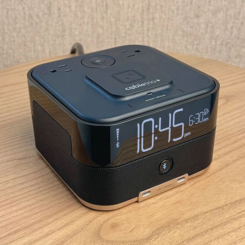Brandstand CubieTrio+ Bluetooth Alarm Clock with Magnetic Wireless Charging, 2 USB-C Ports & 2 Outlets