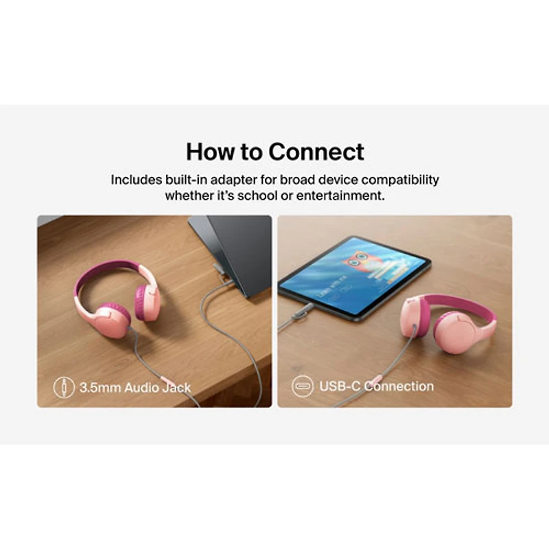 Belkin SoundForm Mini Over-Ear Noise Cancelling Wired Kids Headphones - Pink