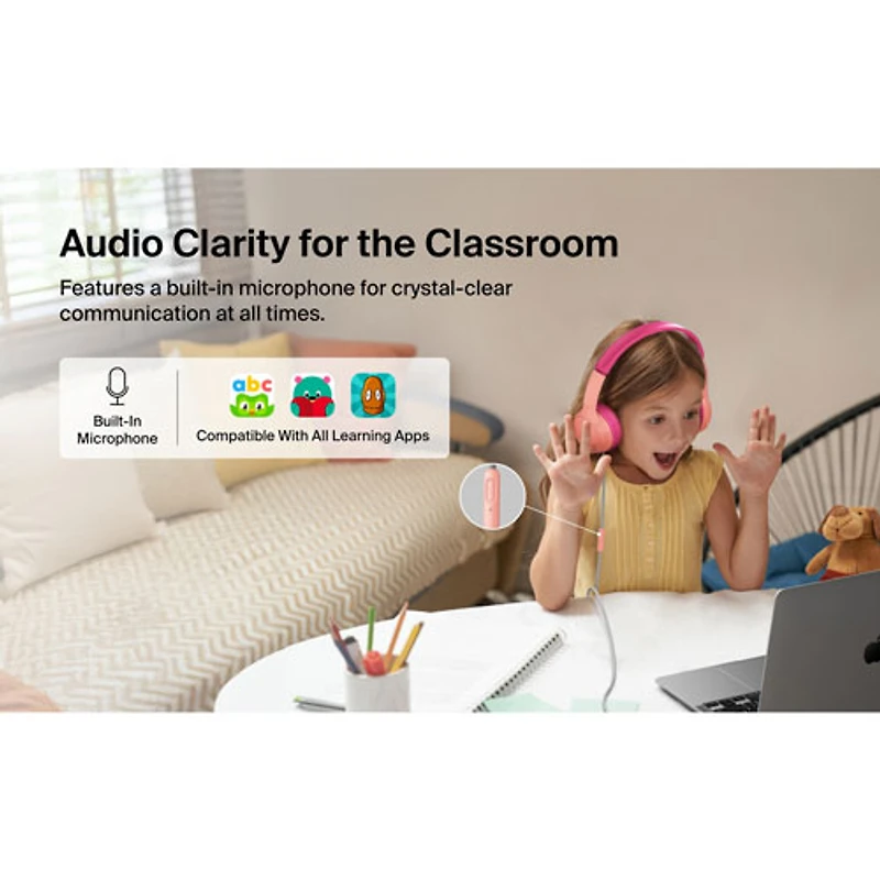 Belkin SoundForm Mini Over-Ear Noise Cancelling Wired Kids Headphones - Pink