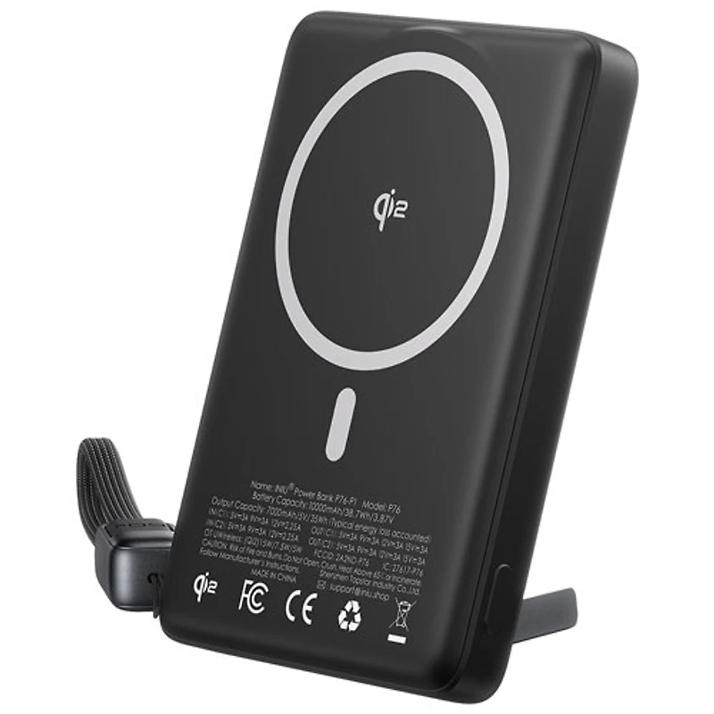 INIU MagPro Ultra Slim 10000 mAh 45W USB-C PD Power Bank with Wireless Qi2 & MagSafe Charger - Black