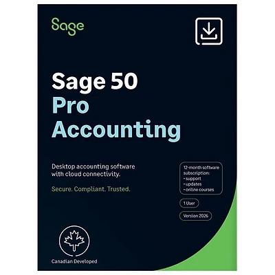 Sage 50 Pro Accounting 2026 (PC) - 1 User - 1 Year Subscription - Bilingual - Digital Download