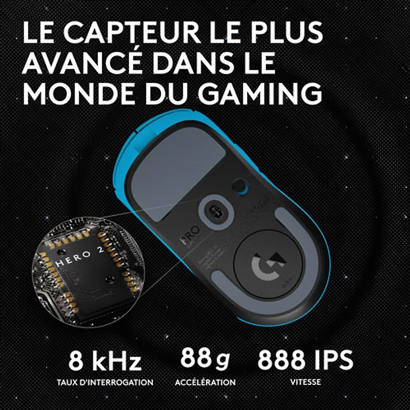 Souris sans fil à capteur HERO 2 de calibre professionnel 60 g 44 000 ppp taux interrogation 8 kHz PRO X Superlight 2 de Logitech G - Bleu