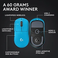 Souris sans fil à capteur HERO 2 de calibre professionnel 60 g 44 000 ppp taux interrogation 8 kHz PRO X Superlight 2 de Logitech G - Bleu