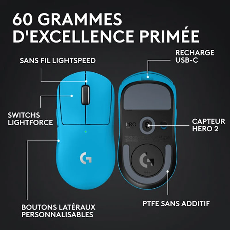 Souris sans fil à capteur HERO 2 de calibre professionnel 60 g 44 000 ppp taux interrogation 8 kHz PRO X Superlight 2 de Logitech G - Bleu