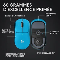 Souris sans fil à capteur HERO 2 de calibre professionnel 60 g 44 000 ppp taux interrogation 8 kHz PRO X Superlight 2 de Logitech G - Bleu