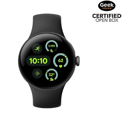 Boîte ouverte - Pixel Watch 3 (LTE + GPS) 41 mm de Google avec boîtier en aluminium noir mat et bracelet sport noir volcanique